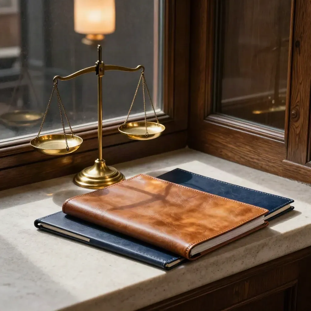 Brass scales, leather folio and folders in a warm legal consultation nook by stone ledge.