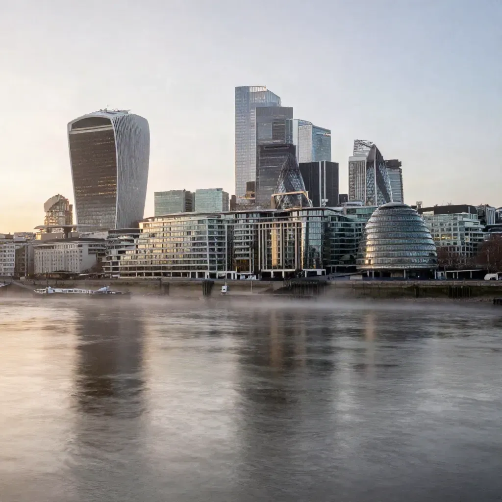 London skyline over the Thames at blue hour with mist and wet embankment
